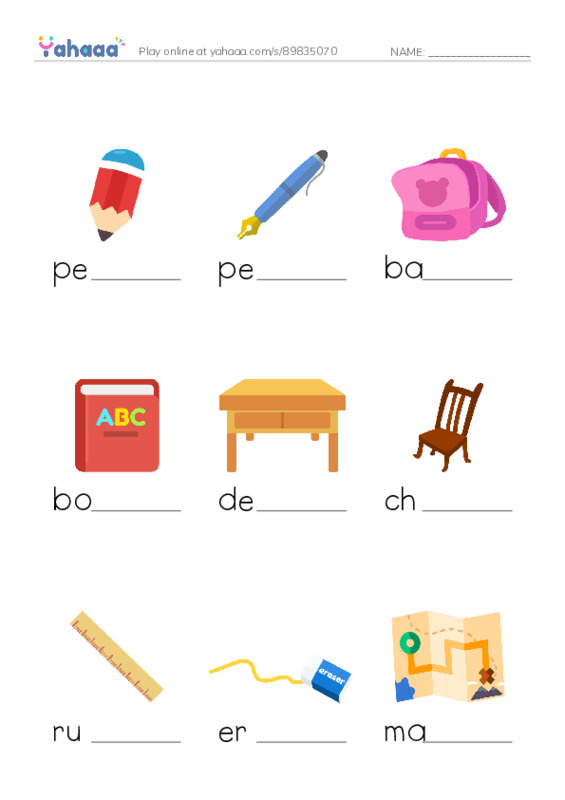 Let's GO 1: Unit 1 Things for School PDF worksheet to fill in words gaps