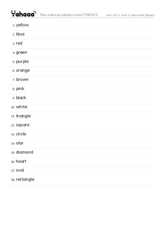 Let's GO 1: Unit 2 Colors and Shapes PDF words glossary