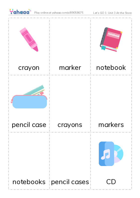 Let's GO 1: Unit 3 At the Store PDF flaschards with images
