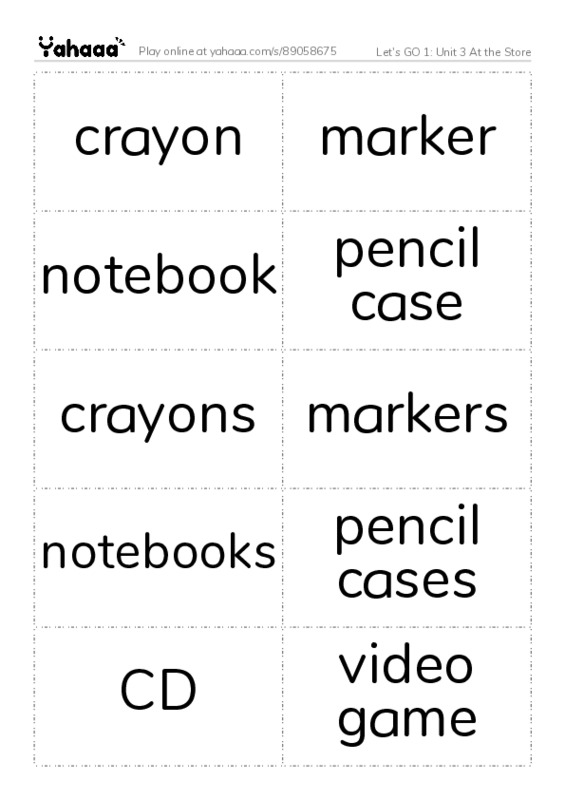 Let's GO 1: Unit 3 At the Store PDF two columns flashcards