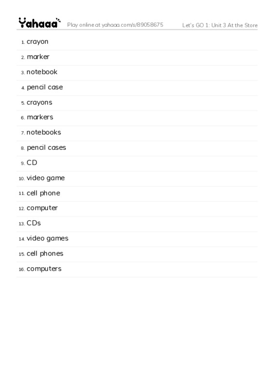 Let's GO 1: Unit 3 At the Store PDF words glossary