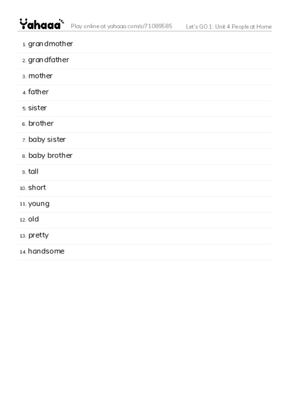 Let's GO 1: Unit 4 People at Home PDF words glossary