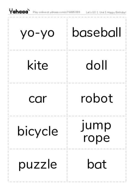 Let's GO 1: Unit 5 Happy Birthday! PDF two columns flashcards