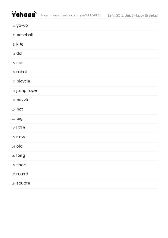 Let's GO 1: Unit 5 Happy Birthday! PDF words glossary