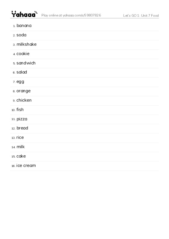 Let's GO 1: Unit 7 Food PDF words glossary