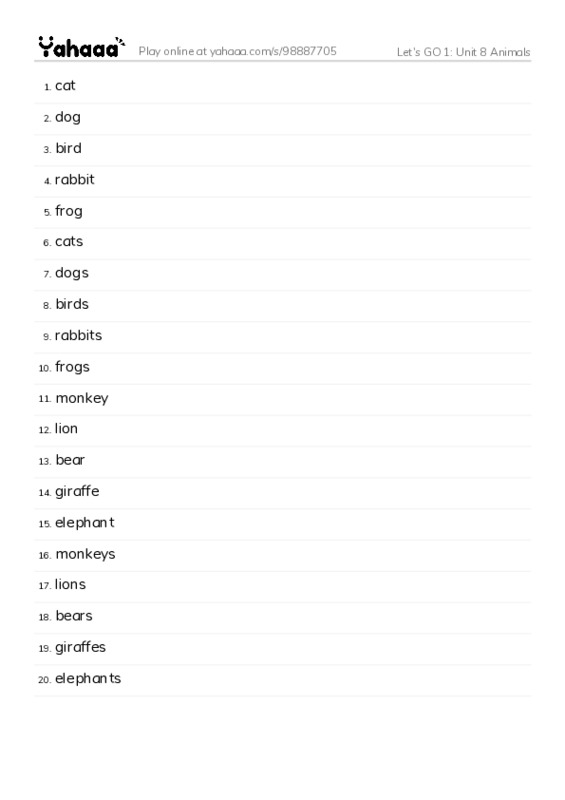 Let's GO 1: Unit 8 Animals PDF words glossary