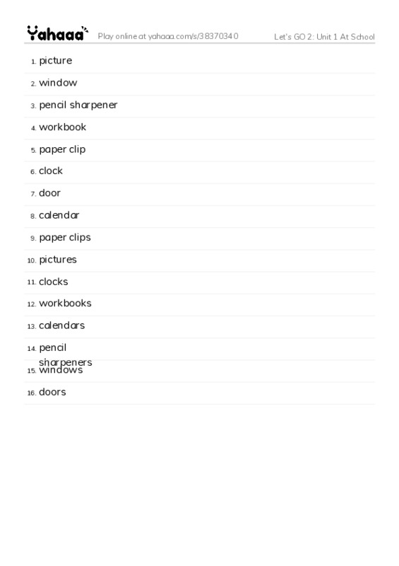 Let's GO 2: Unit 1 At School PDF words glossary