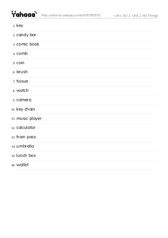 Let's GO 2: Unit 2 My Things PDF words glossary