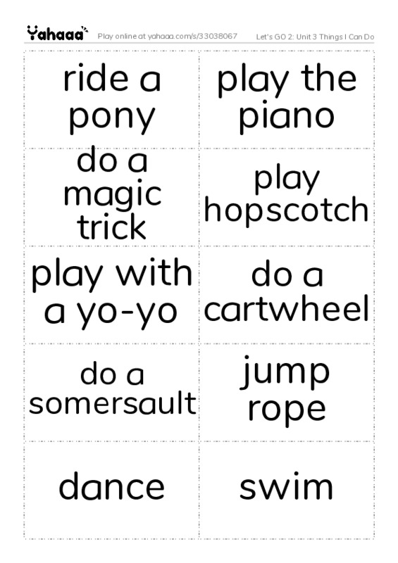 Let's GO 2: Unit 3 Things I Can Do PDF two columns flashcards