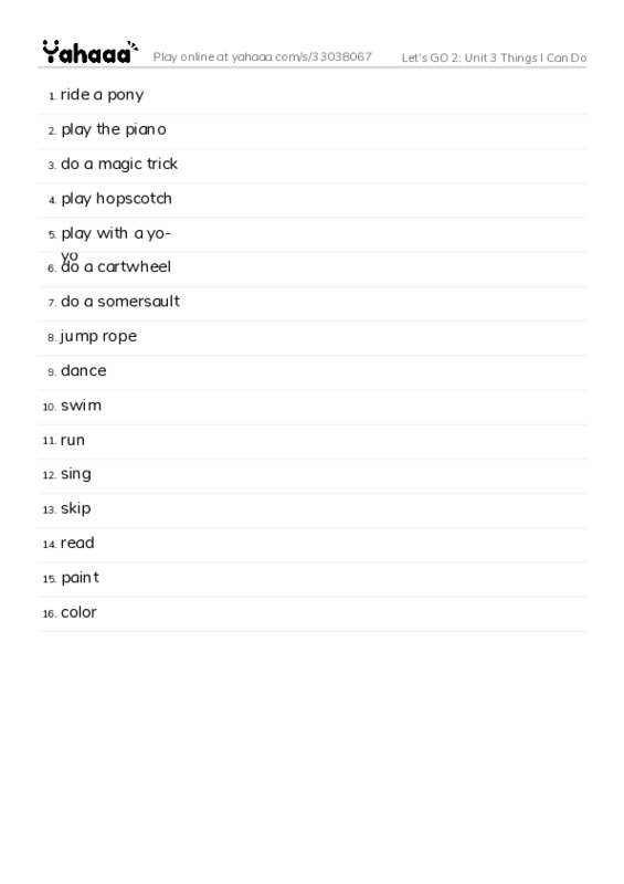 Let's GO 2: Unit 3 Things I Can Do PDF words glossary