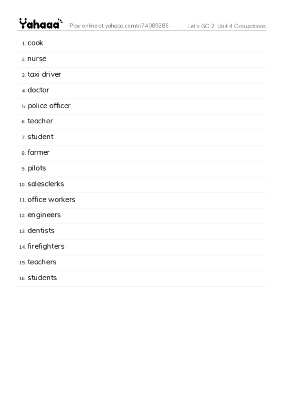 Let's GO 2: Unit 4 Occupations PDF words glossary