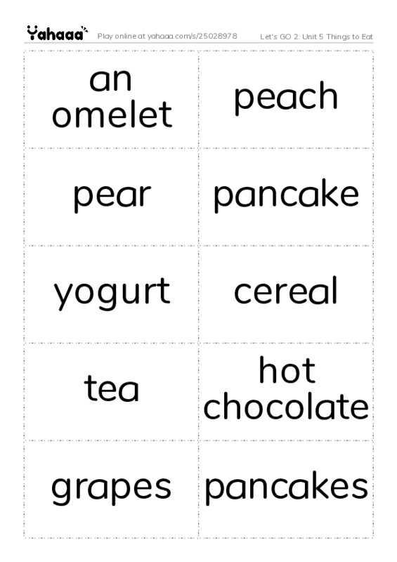 Let's GO 2: Unit 5 Things to Eat PDF two columns flashcards