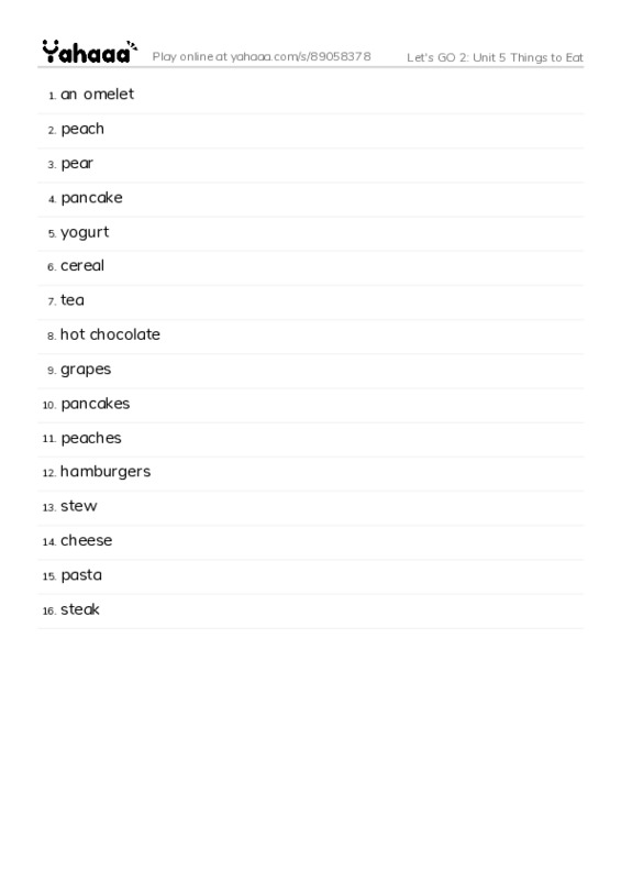 Let's GO 2: Unit 5 Things to Eat PDF words glossary