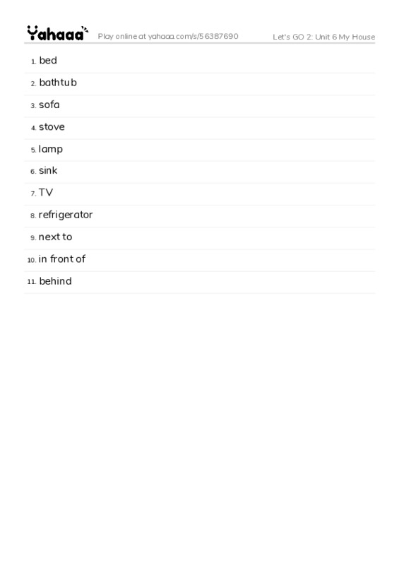 Let's GO 2: Unit 6 My House PDF words glossary