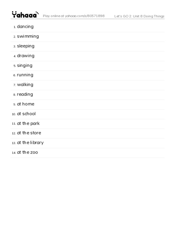 Let's GO 2: Unit 8 Doing Things PDF words glossary