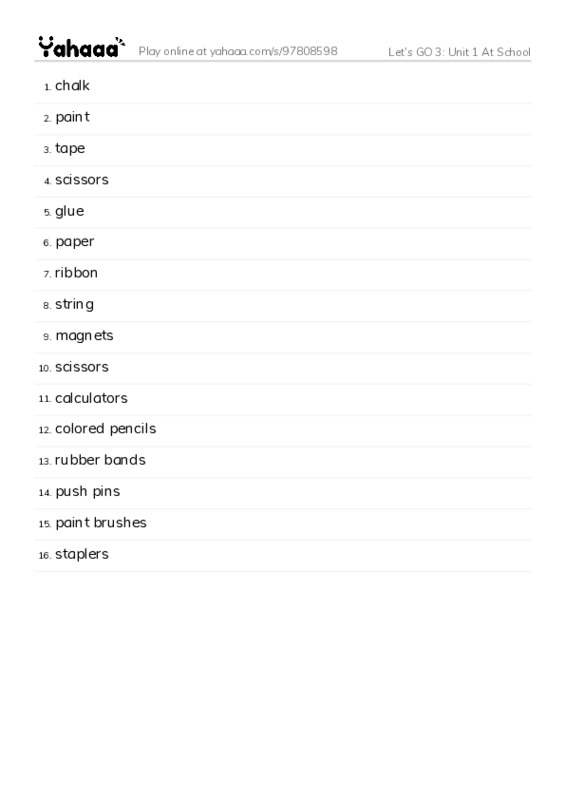Let's GO 3: Unit 1 At School PDF words glossary