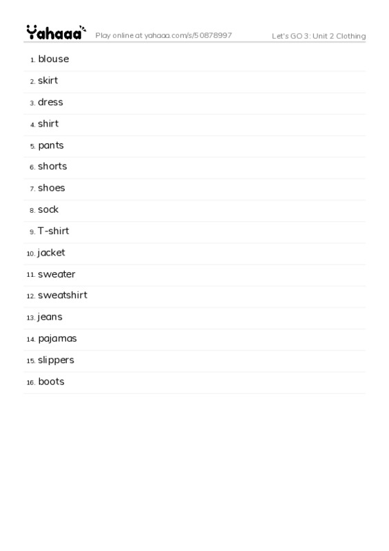 Let's GO 3: Unit 2 Clothing PDF words glossary