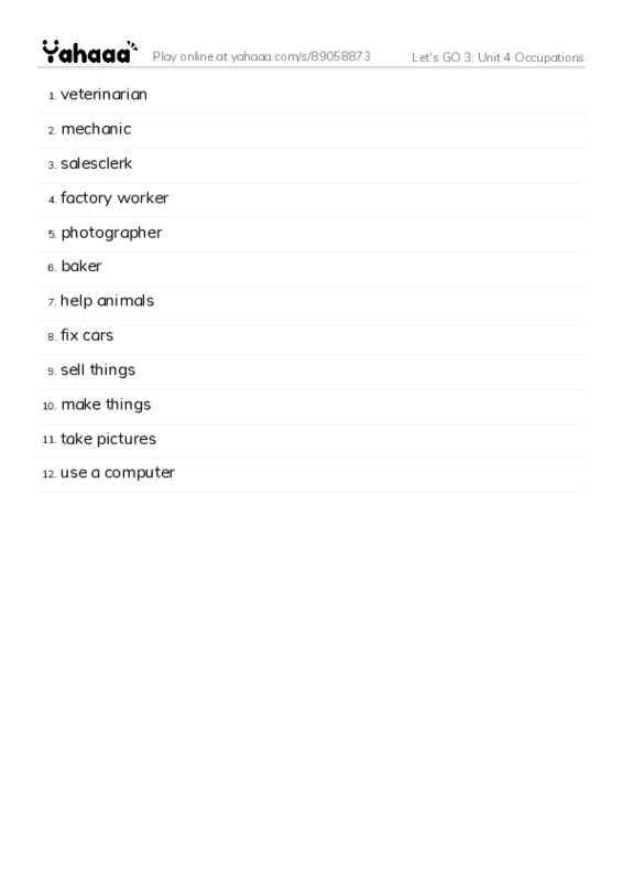 Let's GO 3: Unit 4 Occupations PDF words glossary