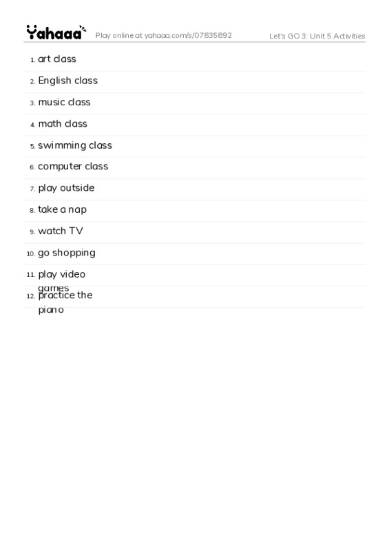 Let's GO 3: Unit 5 Activities PDF words glossary