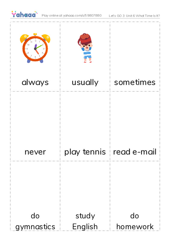 Let's GO 3: Unit 6 What Time Is It? PDF flaschards with images