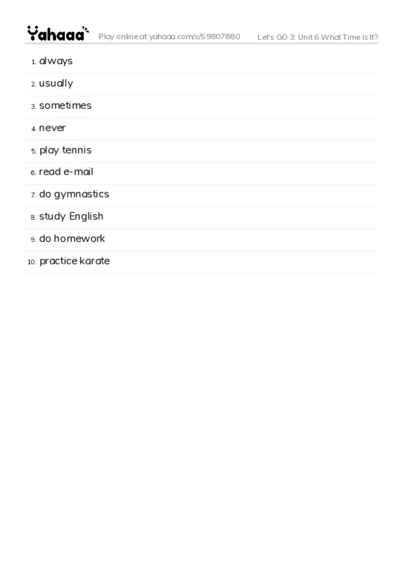 Let's GO 3: Unit 6 What Time Is It? PDF words glossary