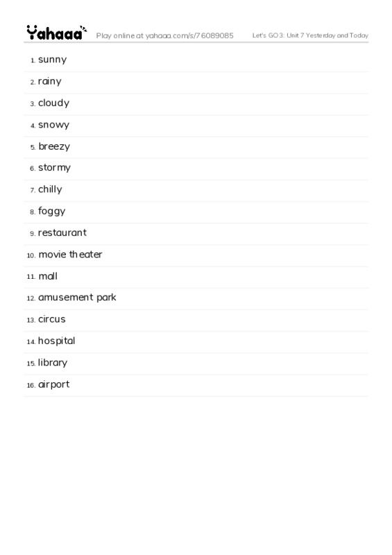 Let's GO 3: Unit 7 Yesterday and Today PDF words glossary