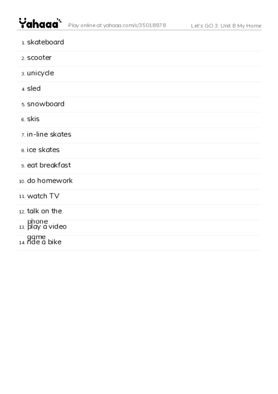 Let's GO 3: Unit 8 My Home PDF words glossary