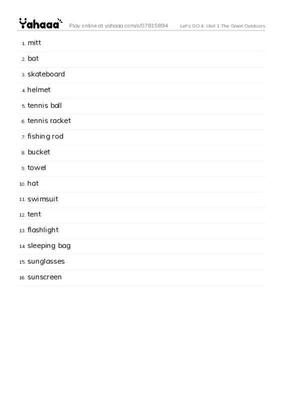 Let's GO 4: Unit 1 The Great Outdoors PDF words glossary