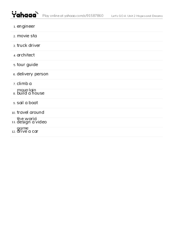 Let's GO 4: Unit 2 Hopes and Dreams PDF words glossary