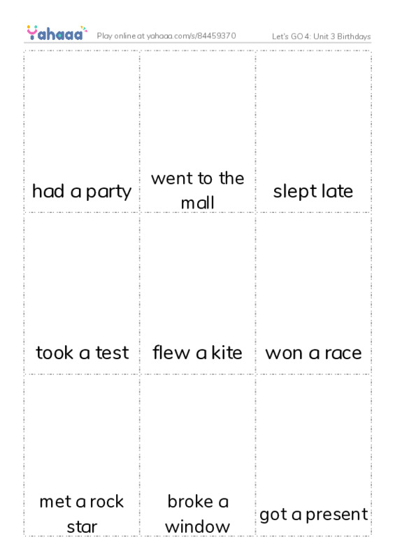 Let's GO 4: Unit 3 Birthdays PDF flaschards with images