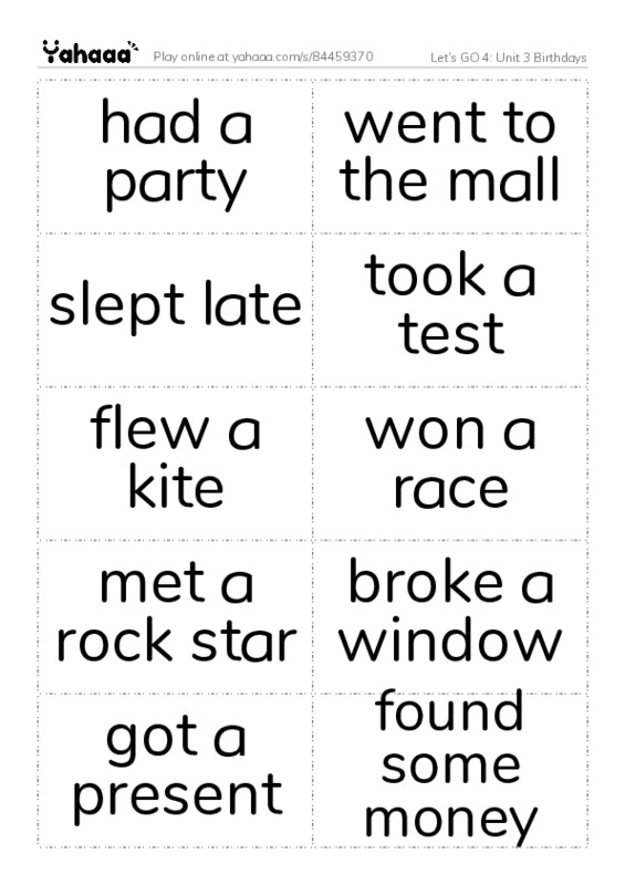 Let's GO 4: Unit 3 Birthdays PDF two columns flashcards