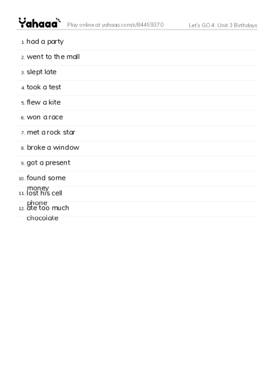 Let's GO 4: Unit 3 Birthdays PDF words glossary