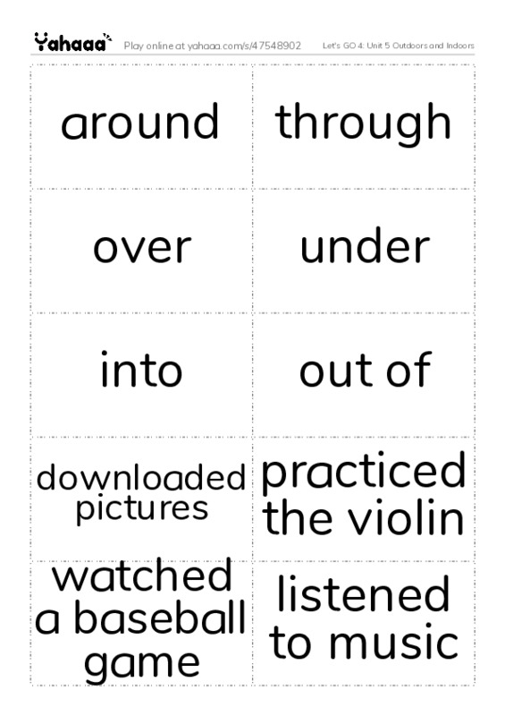 Let's GO 4: Unit 5 Outdoors and Indoors PDF two columns flashcards