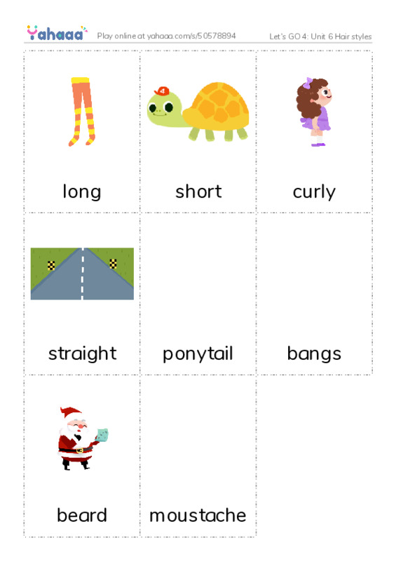 Let's GO 4: Unit 6 Hair styles PDF flaschards with images