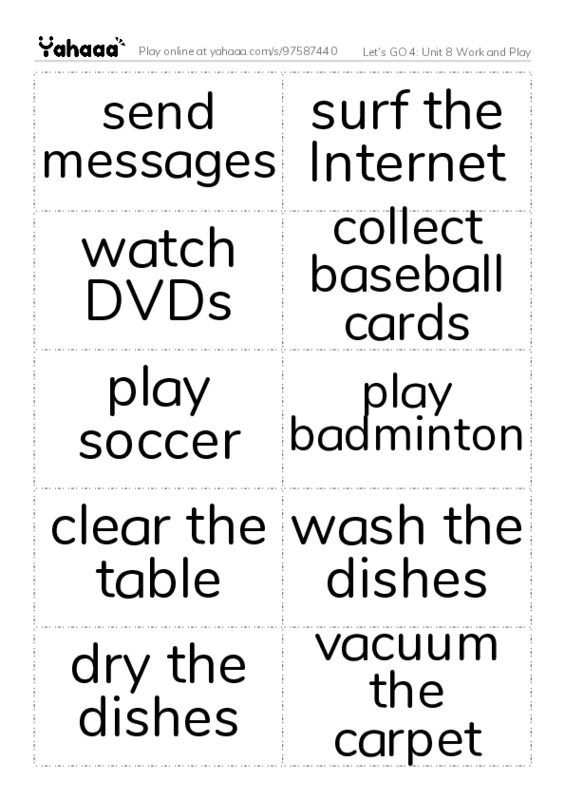 Let's GO 4: Unit 8 Work and Play PDF two columns flashcards