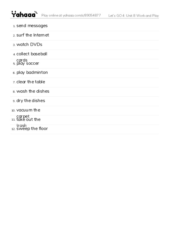 Let's GO 4: Unit 8 Work and Play PDF words glossary