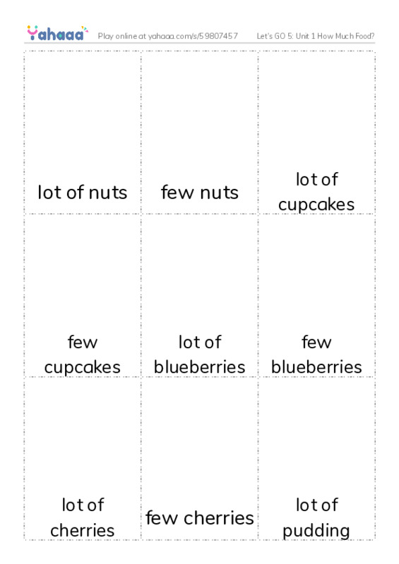 Let's GO 5: Unit 1 How Much Food? PDF flaschards with images