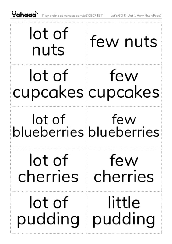 Let's GO 5: Unit 1 How Much Food? PDF two columns flashcards