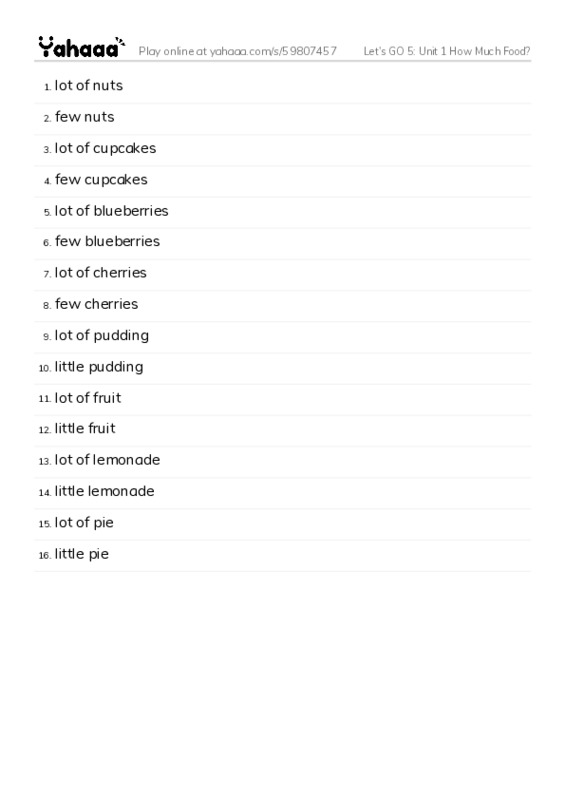 Let's GO 5: Unit 1 How Much Food? PDF words glossary