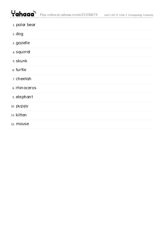 Let's GO 5: Unit 2 Comparing Animals PDF words glossary