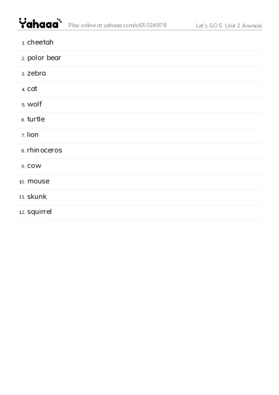 Let's GO 5: Unit 2 Animals PDF words glossary