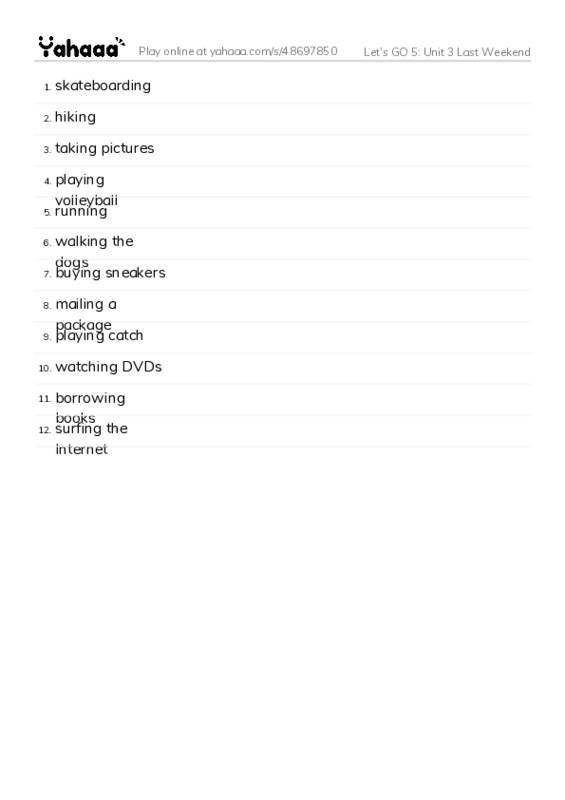Let's GO 5: Unit 3 Last Weekend PDF words glossary