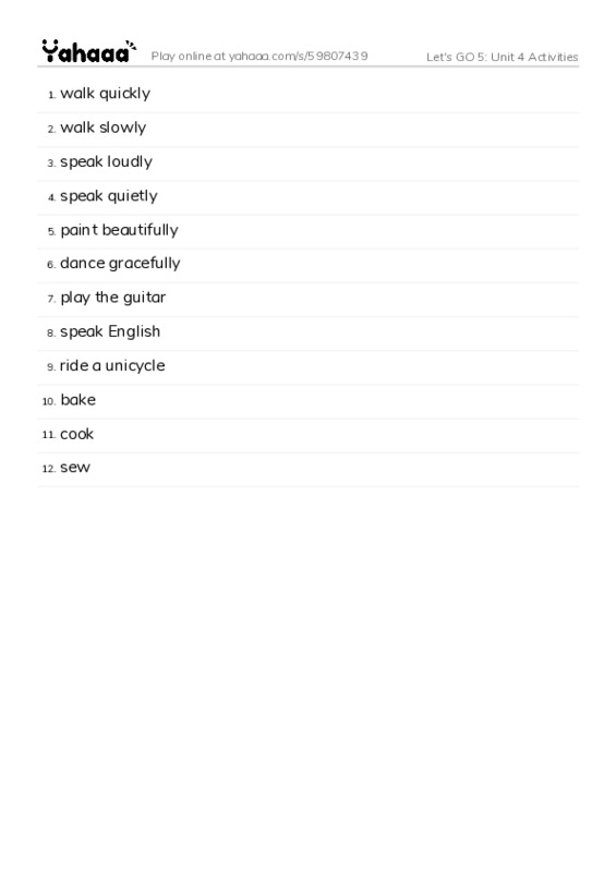 Let's GO 5: Unit 4 Activities PDF words glossary