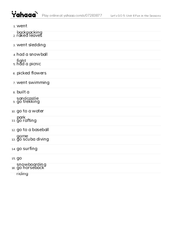 Let's GO 5: Unit 6 Fun in the Seasons PDF words glossary