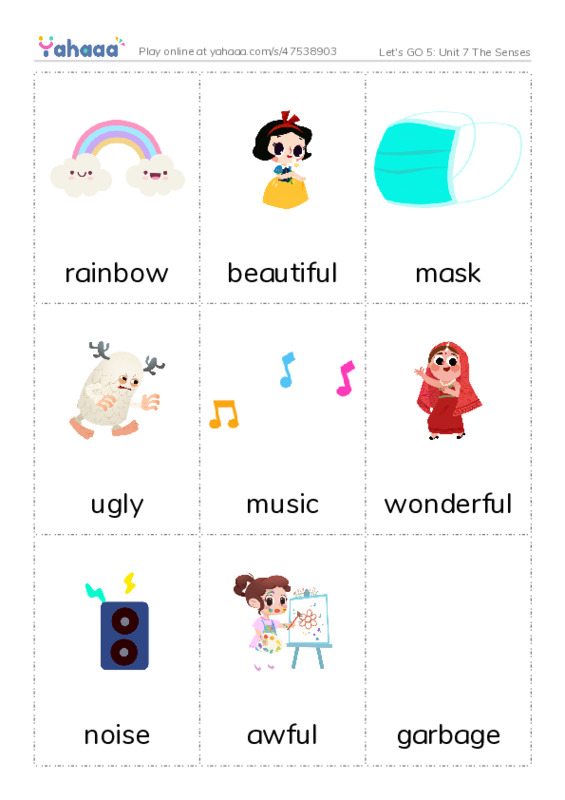 Let's GO 5: Unit 7 The Senses PDF flaschards with images