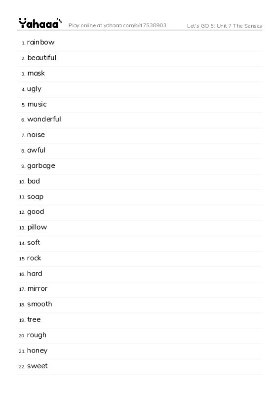 Let's GO 5: Unit 7 The Senses PDF words glossary