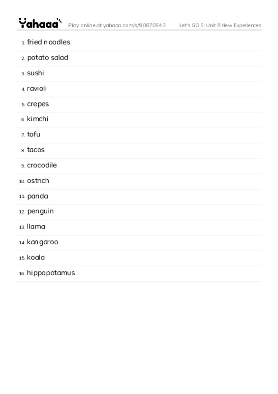 Let's GO 5: Unit 8 New Experiences PDF words glossary