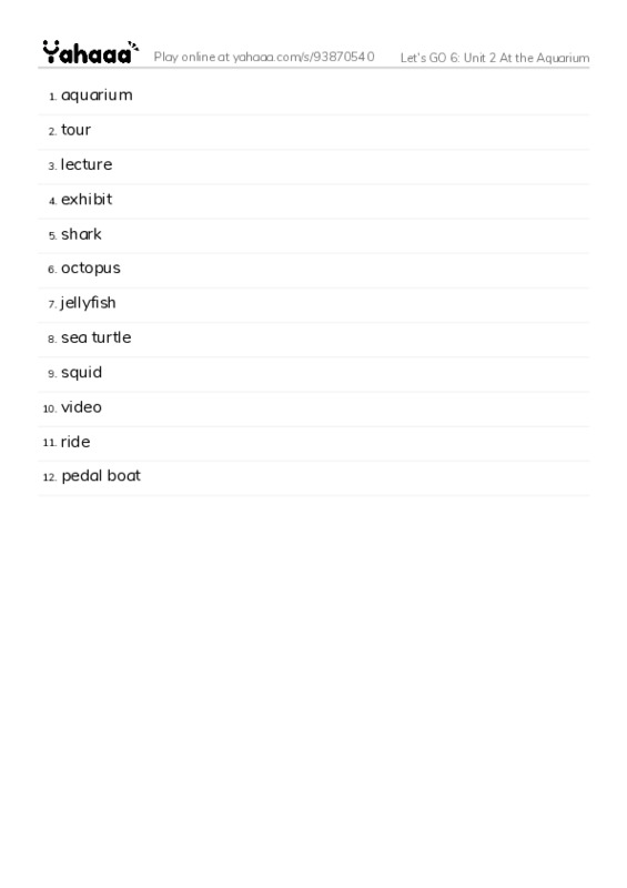Let's GO 6: Unit 2 At the Aquarium PDF words glossary