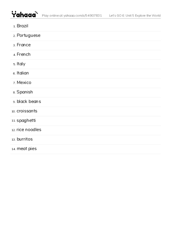 Let's GO 6: Unit 5 Explore the World PDF words glossary