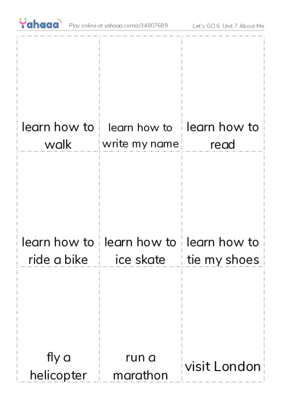 Let's GO 6: Unit 7 About Me PDF flaschards with images